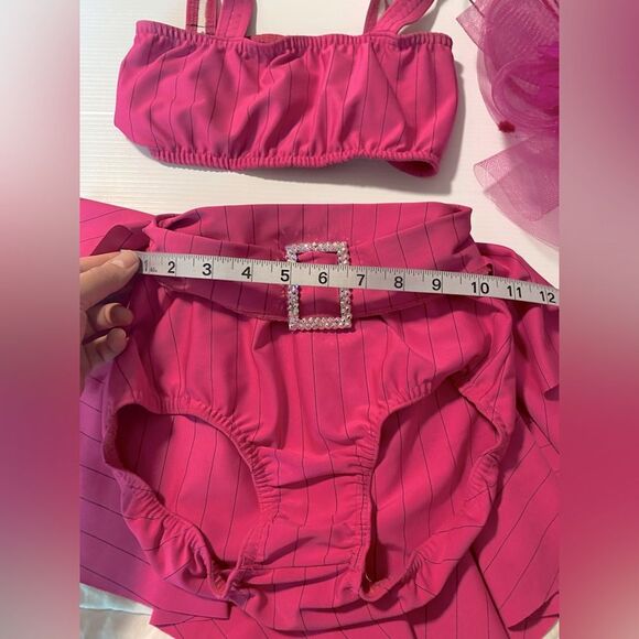 Kelle solo dance costume 2 piece hot pink pin stripe top buckle skirt hat LC - Picture 6 of 9